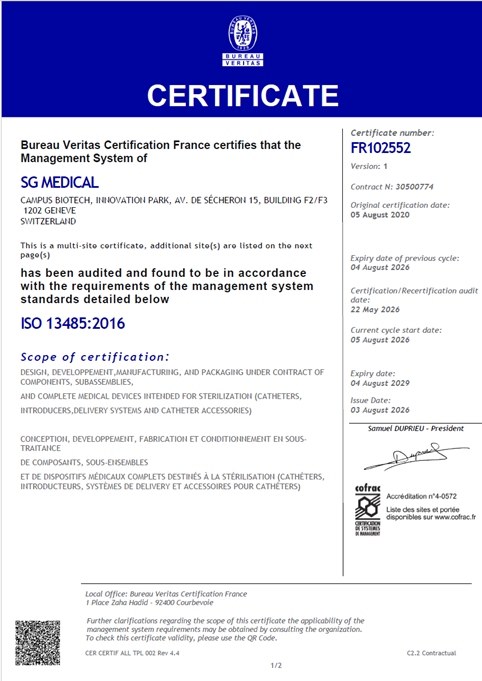 SG Medical certificate ISO 13485